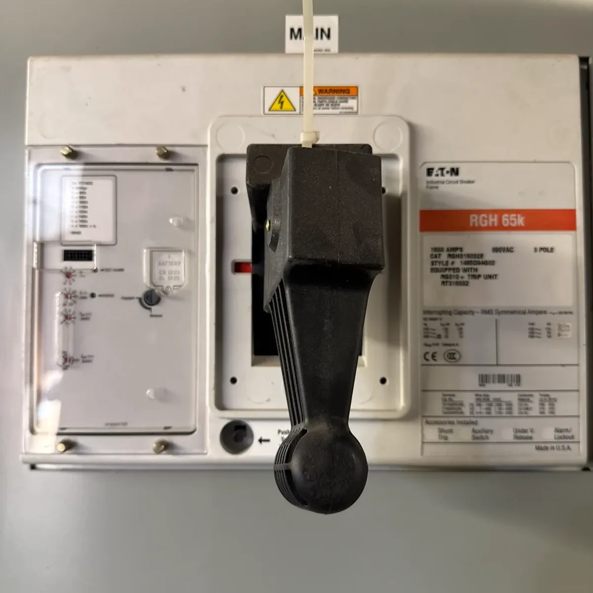 Eaton molded case circuit breaker with the nameplate readable