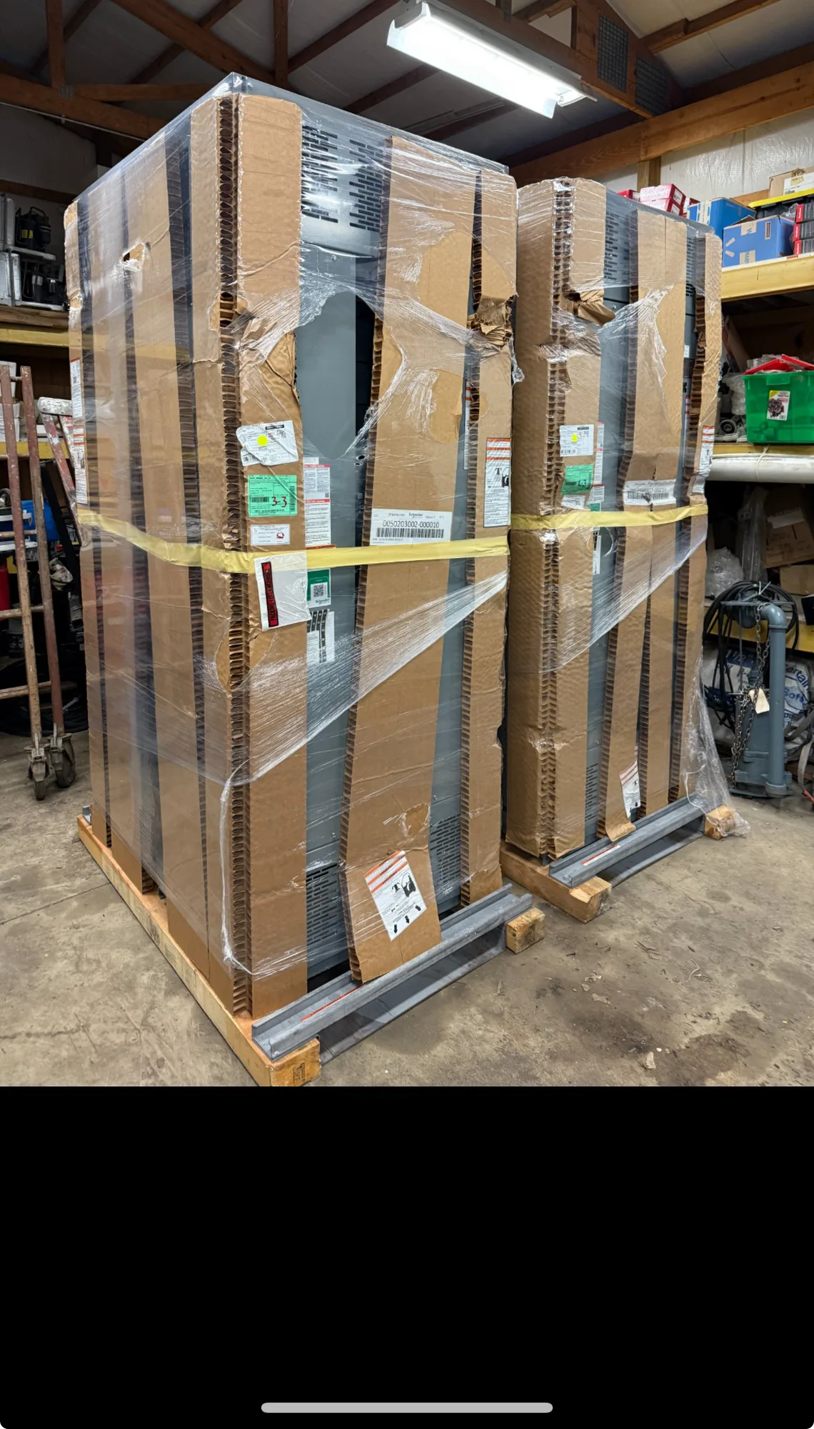Palletized panelboards stacked in the Southern Breakers warehouse